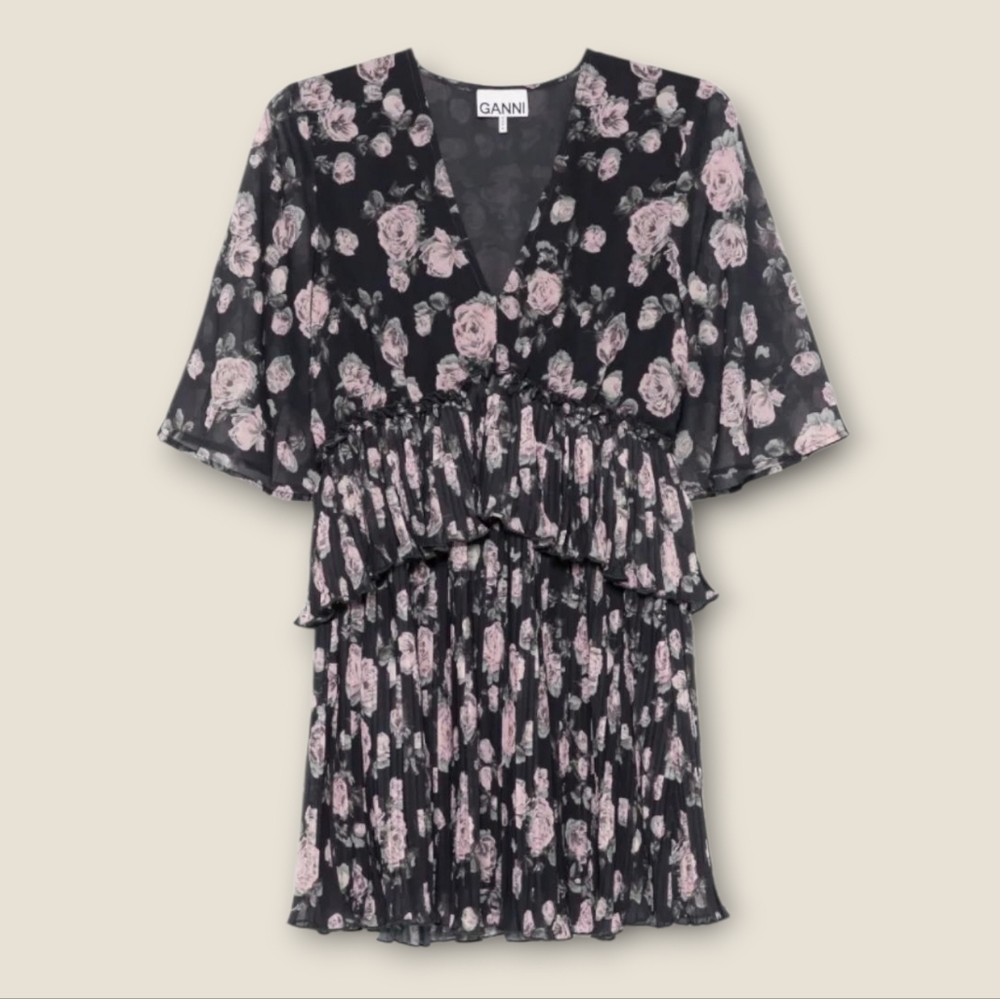 NWT GANNI Pleated Georgette V Neck Flounce Mini Dress In Phantom Floral Size 0 - Picture 13 of 14